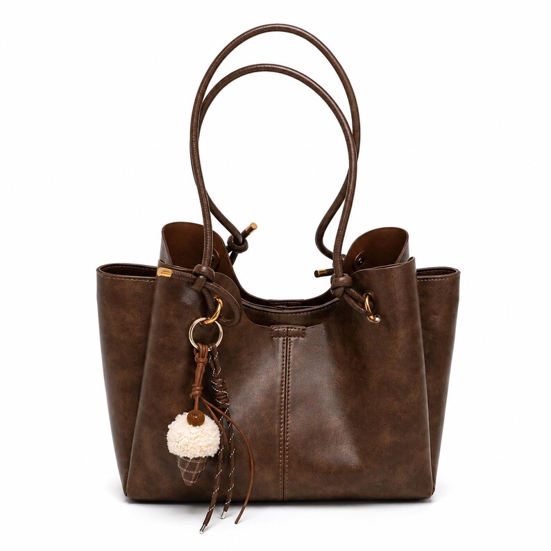 leather-tote-bag-women-work-tote-brown.Brown leather tote bag for women featuring a spacious vintage-inspired design, double shoulder straps, magnetic closure, and decorative charm, ideal for work, commuting, travel, and everyday use.