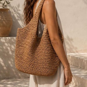 Geweven rieten draagtas voor dames, boho strandtas, grote raffia schoudertas, handtas voor de zomervakantie, gehaakte boodschappentas, reistas als cadeau