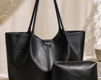 Large Vegan Leather Work Tote Bag for Women, Laptop Shoulder Bag, Minimalist Office Purse, Everyday Carryall, Travel Handbag with Pouch
