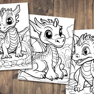 May include: Three black and white line drawings of cute baby dragons with big eyes. The dragons are in different poses, with one sitting up, one standing, and one lying down. The drawings are perfect for coloring pages or for use in crafts.