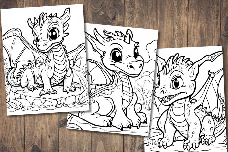 May include: Three black and white line drawings of cute baby dragons with big eyes. The dragons are in different poses, with one sitting up, one standing, and one lying down. The drawings are perfect for coloring pages or for use in crafts.