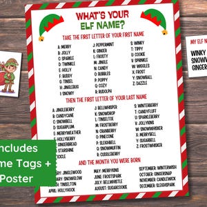 Könnte beinhalten: Ein weihnachtliches Spielposter mit dem Titel What's Your Elf Name? und rot-grün gestreiften Rändern, das Listen zur Bestimmung eines Elfennamens anhand von Initialen und Geburtsmonat enthält, ergänzt durch zwei rechteckige Namensschilder.