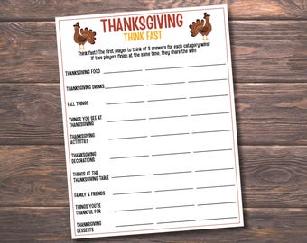 Thanksgiving Think Fast Game, Printable Thanksgiving Game, Thanksgiving Party Game, Family Game, Fall Game, Kids & Adults,Classroom Activity