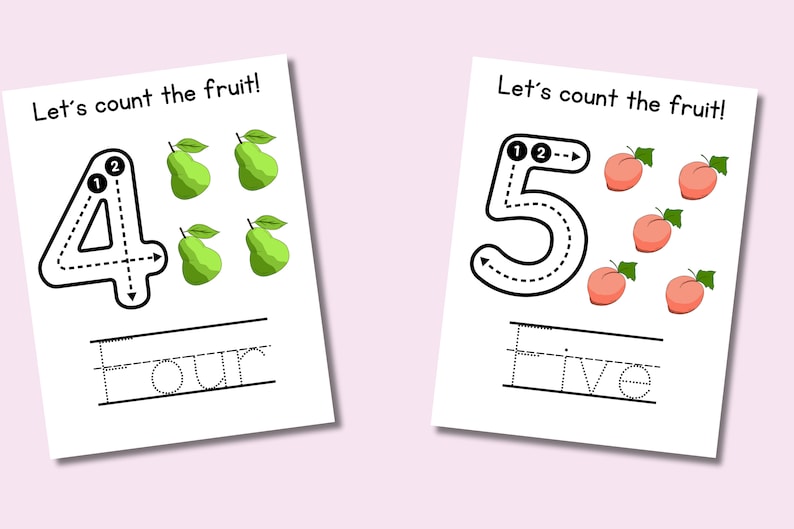 May include: A printable worksheet for kids to learn to count. The worksheet features the numbers 4 and 5 with dotted lines for tracing. There are four green pears and five pink peaches to count.