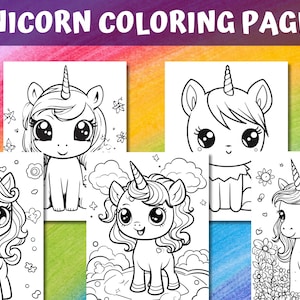 May include: Five black and white coloring pages featuring cute unicorn illustrations. Each page has a different unicorn design with a horn, mane, and tail. The unicorns are surrounded by flowers and other decorative elements.
