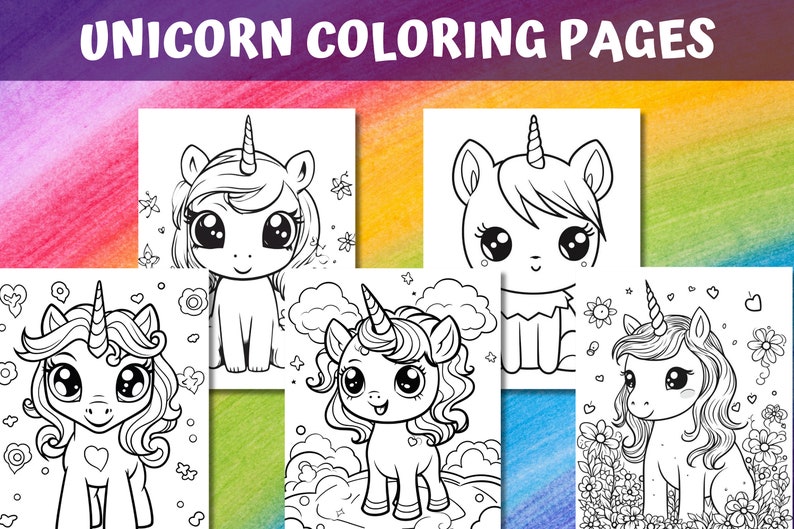May include: Five black and white coloring pages featuring cute unicorn illustrations. Each page has a different unicorn design with a horn, mane, and tail. The unicorns are surrounded by flowers and other decorative elements.