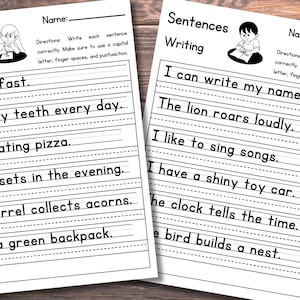 May include: Two white educational worksheets titled Sentences Writing with black text and illustrations of children writing. Each page features a Name line, instructions, and six sentences on primary-ruled lines for practice, including I can run fast and I can write my name.