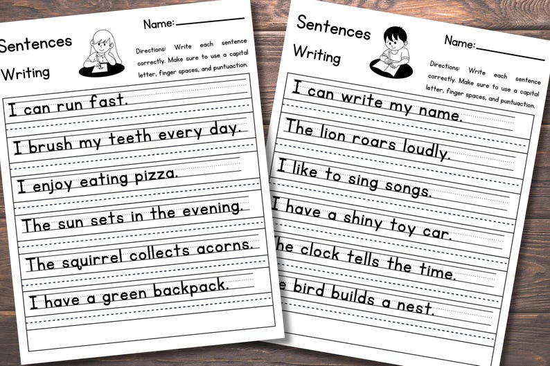 May include: Two white educational worksheets titled Sentences Writing with black text and illustrations of children writing. Each page features a Name line, instructions, and six sentences on primary-ruled lines for practice, including I can run fast and I can write my name.