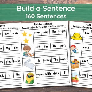 160 Build the Sentence Worksheets, Printable Sentences Writing Practice Activity, Kindergarten 1st 2nd Grade ELA Worksheet, 40 Pages