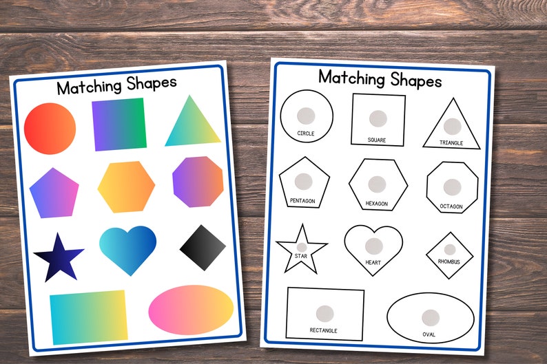 May include: Two printable worksheets for matching shapes. The left worksheet has colorful shapes, including a circle, square, triangle, pentagon, hexagon, octagon, star, heart, diamond, and oval. The right worksheet has outlines of the same shapes with the names of each shape written below.