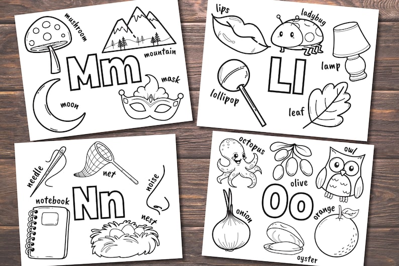 May include: Black and white printable alphabet flash cards featuring illustrations of objects starting with each letter. The letters M, L, N, and O are shown with various objects such as a mushroom, mountain, mask, moon, lips, ladybug, lollipop, leaf, needle, net, notebook, noise, nest, octopus, onion, olive, orange, owl, and oyster.