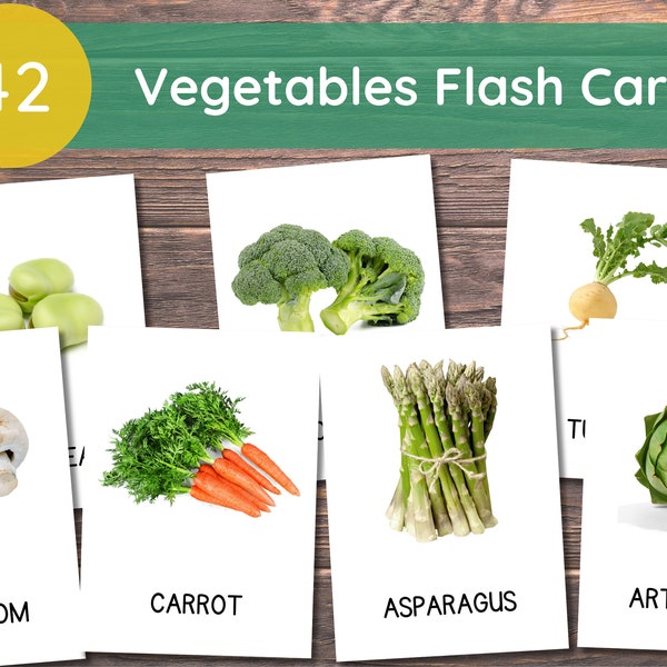 42 Vegetables Cards, Vegetables Flashcards, Montessori Flashcards, Educational Printable Cards, Instant Download, Printable Toddler Activity