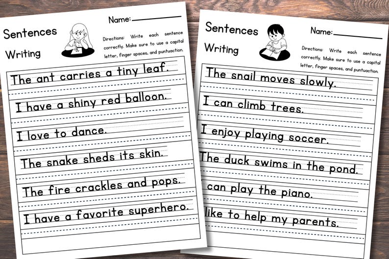 May include: Two white educational worksheets titled Sentences Writing with lines for handwriting practice. Each page features a cartoon illustration of a child writing and lists sentences to copy, including The ant carries a tiny leaf and The snail moves slowly.