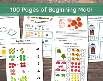 Matemáticas preescolares, matemáticas iniciales, contar, aprender a sumar, preescolar, hoja de trabajo de jardín de infantes, suma, hojas de trabajo preescolares, 100 páginas