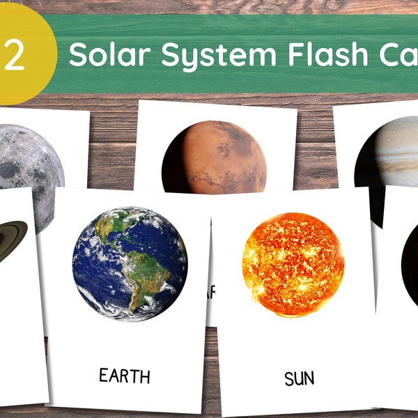 12 Solar System Cards, Planets Flashcards, Printable Real Pictures Flashcards, Montessori Flashcards, Space Flashcards, Instant Download