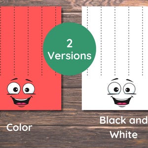 May include: Two colorful cartoon images on a wooden surface. One is red with a smiling face and the word "Color". The other is white with a smiling face and the words "Black and White". A green circle in the middle says "2 Versions".