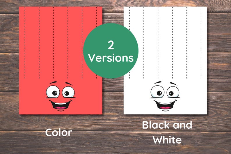 May include: Two colorful cartoon images on a wooden surface. One is red with a smiling face and the word "Color". The other is white with a smiling face and the words "Black and White". A green circle in the middle says "2 Versions".