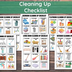 May include: A set of cleaning checklists for various rooms, including the bathroom, bedroom, playroom, kitchen, living room, and outdoor areas. Each checklist features illustrated tasks with checkboxes, such as "Wipe the sink" and "Sweep the floor."