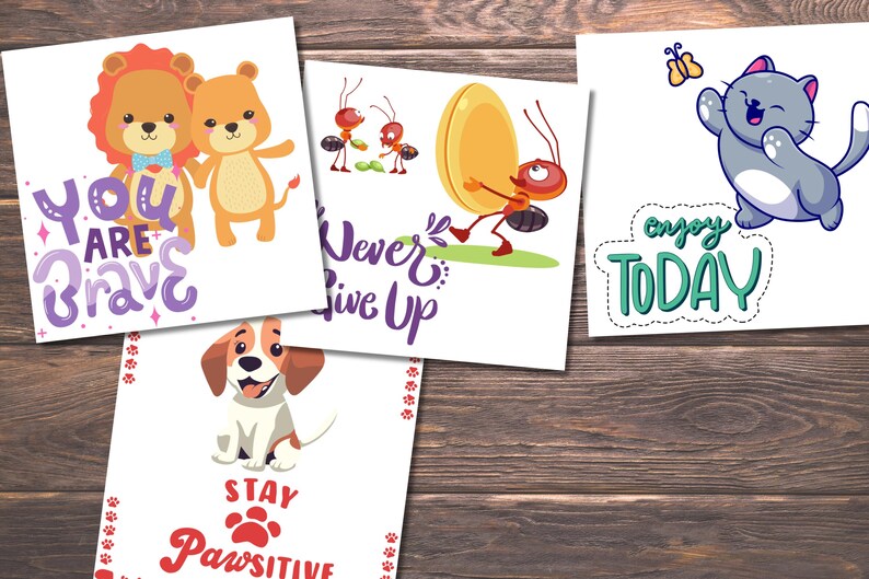Puede incluir: Cuatro tarjetas coloridas con mensajes motivacionales e ilustraciones de animales lindos. La primera tarjeta presenta dos leones con el texto "You are brave". La segunda tarjeta presenta hormigas con el texto "Never give up". La tercera tarjeta presenta un gato con el texto "Enjoy today". La cuarta tarjeta presenta un perro con el texto "Stay pawsitive".