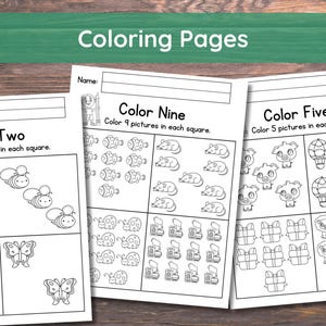 May include: Three black and white colouring pages with instructions to colour a specific number of pictures in each square. The first page has a whale, bee, butterfly, and umbrella. The second page has a fish, mouse, ladybug, and gift box. The third page has a pig, hot air balloon, and lion.