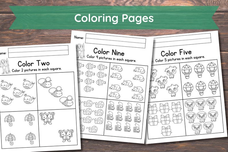 May include: Three black and white colouring pages with instructions to colour a specific number of pictures in each square. The first page has a whale, bee, butterfly, and umbrella. The second page has a fish, mouse, ladybug, and gift box. The third page has a pig, hot air balloon, and lion.