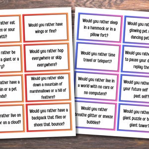 May include: Two sets of colorful cards with "Would you rather" questions. Each card has a white background with a colored border and black text. Questions include silly choices like "eat spicy cookies or sour spaghetti?"