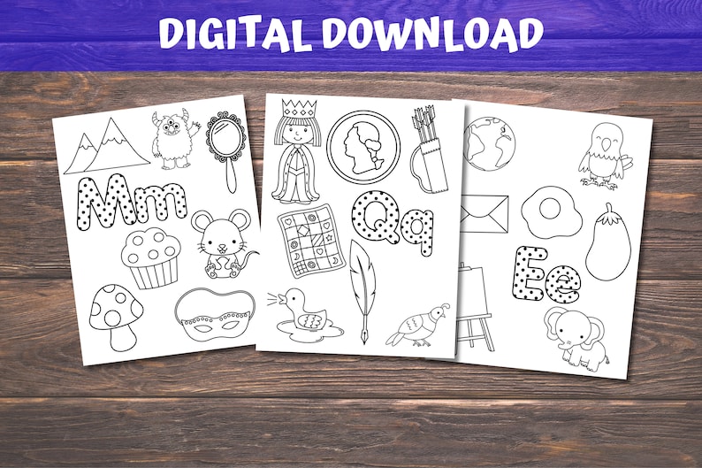 May include: Three printable colouring pages featuring the letters M, Q, and E with various images associated with each letter. The letters are in black and white with polka dots. The images include a mountain, a monster, a cupcake, a mouse, a mirror, a queen, a quiver, a quill, a duck, a bird, a globe, an envelope, an egg, an eggplant, and an elephant.