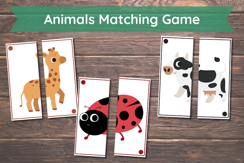 Op de afbeelding: Een printbaar memory-spel voor kinderen met vier dieren: een giraffe, een lieveheersbeestje, een koe en een koe. Het spel is ontworpen om kinderen te helpen verschillende dieren en hun kenmerken te leren kennen.