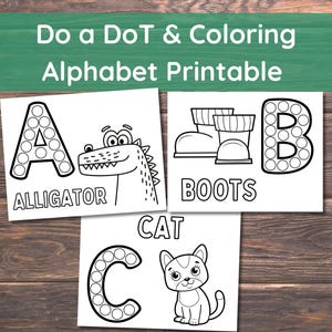 Może przedstawiać: Czarno-białe, drukowane arkusze z ćwiczeniami alfabetu z literami do łączenia kropek i ilustracjami zwierząt. Litery to A, B i C. Zwierzęta to aligator, buty i kot.