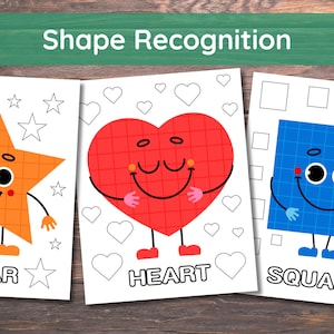 Pode incluir: Três folhas de trabalho imprimíveis para crianças aprenderem sobre formas. Cada folha de trabalho apresenta uma forma diferente: uma estrela, um coração e um quadrado. Cada forma tem um rosto amigável e é cercada por versões menores da mesma forma.