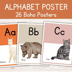 Cartazes de alfabeto de sala de aula, alfabeto de animais, arco-íris Boho, decoração de sala de aula e escola em casa, decoração para impressão, decoração neutra de sala de aula Boho