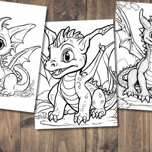 May include: Three black and white line drawings of cute cartoon dragons. Each dragon has large eyes, a toothy grin, and a long tail. The dragons are in different poses, with one standing on its hind legs, one sitting down, and one flying.