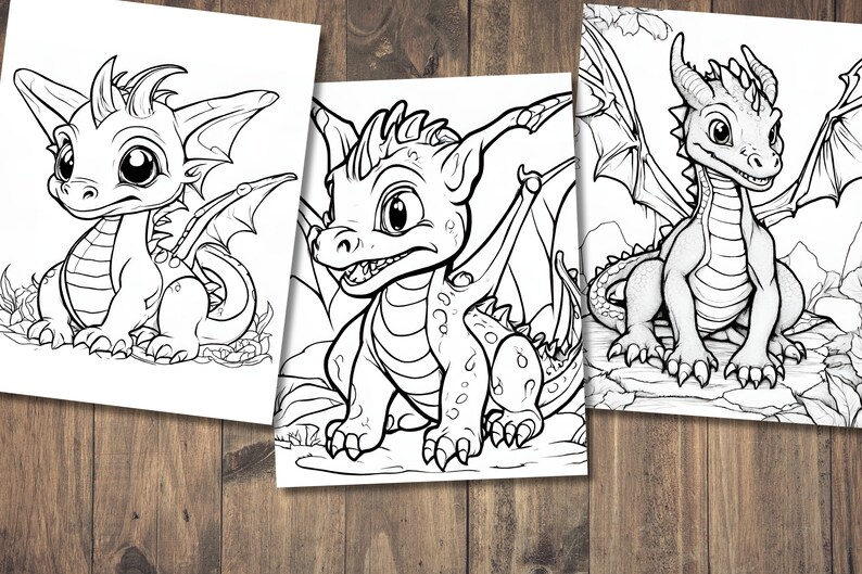 May include: Three black and white line drawings of cute cartoon dragons. Each dragon has large eyes, a toothy grin, and a long tail. The dragons are in different poses, with one standing on its hind legs, one sitting down, and one flying.