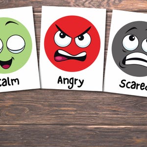 May include: Three cards with cartoon faces representing emotions. The first card shows a green circle with a calm expression and the word "calm". The second card is red and shows an angry face with the word "Angry". The third card is gray and shows a scared face with the word "Scared".