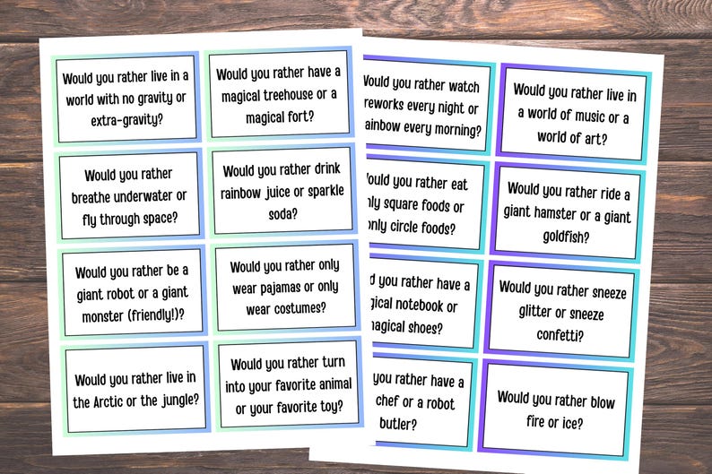 May include: Two sheets of paper with "Would you rather" questions in black text inside colorful boxes. Questions include choices like "live in the Arctic or the jungle?" and "ride a giant hamster or a giant goldfish?"