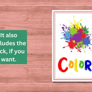 May include: A white card with a colorful paint splatter design and the word "COLORS" in rainbow letters.