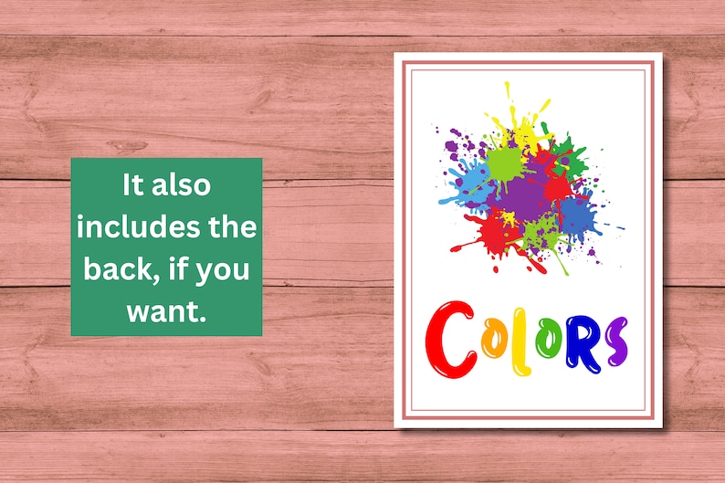 May include: A white card with a colorful paint splatter design and the word "COLORS" in rainbow letters.