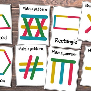 May include: A collection of flashcards with geometric shapes made from colorful popsicle sticks. Each card features a different shape, such as a trapezoid, hexagon, and rectangle, with the words "Make a pattern" printed at the top.