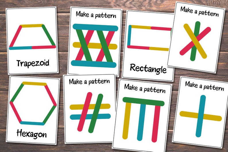 May include: A collection of flashcards with geometric shapes made from colorful popsicle sticks. Each card features a different shape, such as a trapezoid, hexagon, and rectangle, with the words "Make a pattern" printed at the top.