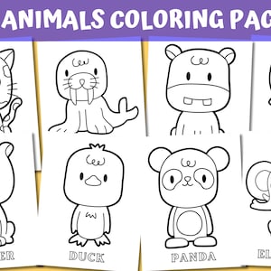 May include: 36 black and white animal coloring pages. The animals include a beaver, duck, panda, elephant, walrus, hippopotamus, turtle, and a jaguar.