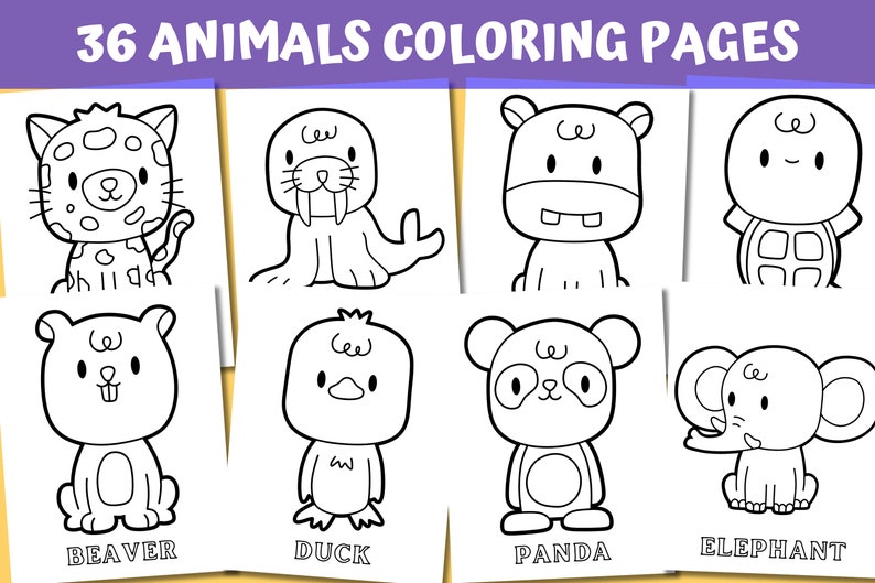May include: 36 black and white animal coloring pages. The animals include a beaver, duck, panda, elephant, walrus, hippopotamus, turtle, and a jaguar.