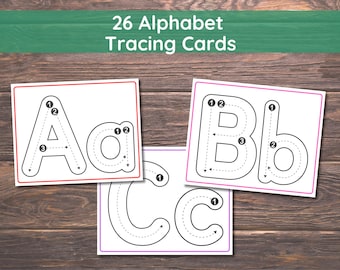 May include: A set of 26 Alphabet Tracing Cards featuring the letters A, B, and C. Each white card displays an uppercase and lowercase letter with numbered directional arrows and dashed lines to guide the tracing process for educational use.