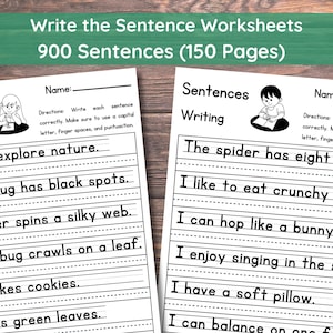 May include: Two educational worksheets titled Write the Sentence Worksheets 900 Sentences (150 Pages) featuring black and white text, line-ruled practice areas, and illustrations of children writing. Each page includes instructions and sentences.