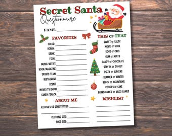 Questionário para Amigo Secreto Imprimível, Pesquisa de Amigo Secreto, Formulário de Troca de Presentes, Jogo para Festa de Natal, Questionário de Coisas Favoritas