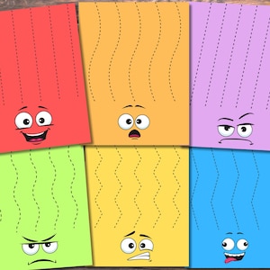 May include: A collection of colorful, cartoon-faced paper sheets with dotted lines for cutting practice. The sheets are red, orange, purple, green, yellow, and blue, each with a different facial expression. The background is a wooden surface.