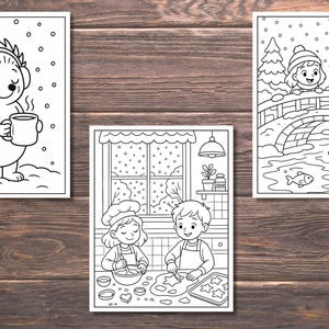 May include: Three black and white coloring pages on a wooden background. One shows a hedgehog with headphones holding a mug. Another depicts children baking cookies. The last shows children on a bridge over a river with fish.