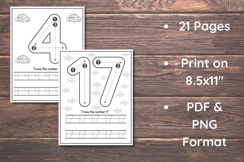 May include: Black and white printable worksheets for tracing the numbers 4 and 17. Each worksheet includes a number with arrows indicating the tracing order. The worksheets also include lines for practicing writing the numbers.