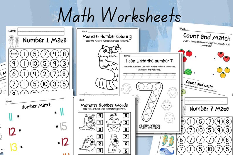 Pu&ograve; includere: Un set di fogli di lavoro stampabili in bianco e nero per i bambini per esercitarsi nelle abilit&agrave; matematiche. I fogli di lavoro presentano attivit&agrave; a tema mostro come labirinti di numeri, conteggio, abbinamento e colorazione. I fogli di lavoro includono i numeri 1, 5 e 7.