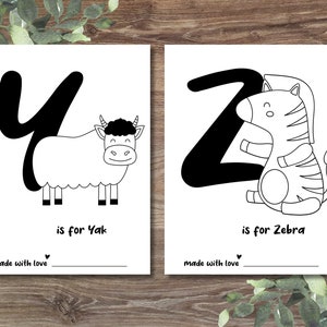 May include: Black and white printable alphabet flash cards featuring a yak and a zebra. The letter Y is for yak and the letter Z is for zebra. The cards say "is for Yak" and "is for Zebra" and "made with love".