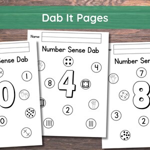 May include: Three black and white printable worksheets with the title "Number Sense Dab" and numbers 10, 4, and 8 surrounded by various symbols representing different quantities.
